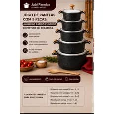 Jogo Kit De Panelas Alumínio Batido Fundido 5 Peças Cerâmica Antiaderente Não Gruda Tampa De Vidro Alça Madeira Jubi