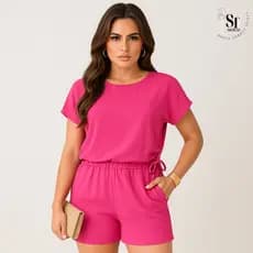 Conjunto Feminino Short e Blusa com Amarração Manga Curta  Casual Confortável Verão 2026 Carnaval