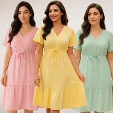 Vestido Feminino Curto Babado Casual Duna Manga Curta Midi Festa Moda Evangélica Elástico Cintura.