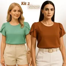 Blusa Feminina Plus Size Kit com 2 Blusas Social Manga Curta Princesa Elegante Duna GG G1 G2 G3