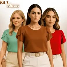 Blusa Feminina Plus Size Kit com 3 Blusas Social Manga Curta Princesa Elegante Duna GG G1 G2 G3