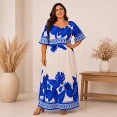 Vestido Longo Feminino Plus Size Manga Curta Decote V Estampado Tropical Soltinho Elegante GG G1 G2