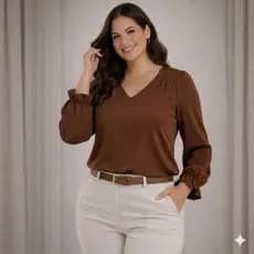 Blusa Feminina Plus Size Manga Longa Decote V Duna Elegante GG G1 G2 G3