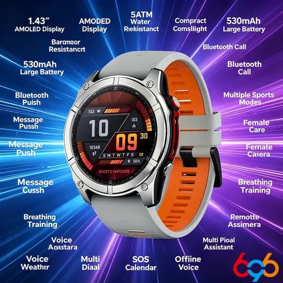 1.43 Tela AMOLED Bússola Relógio Inteligente Masculino Lanterna Ao Ar Livre ChatAI-GPT Esportes Saúde Smartwatch SOS À P