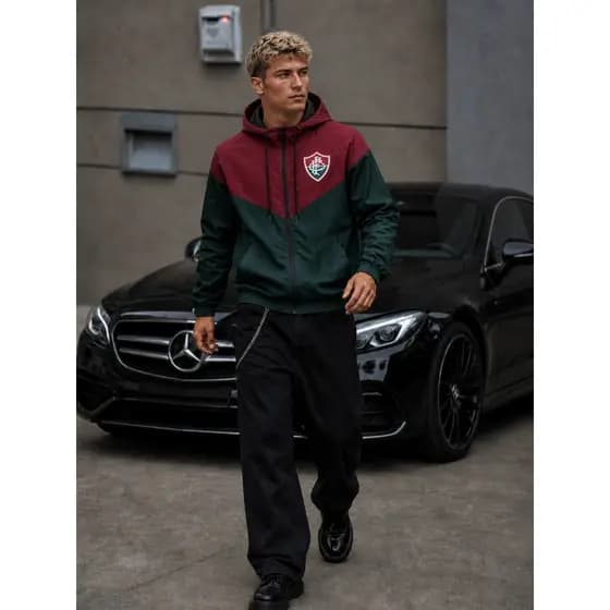 Jaqueta Fluminense Masculina Com Capuz Zíper Bolsos Torcida Futebol Casual Esportiva Confortável Dia a Dia