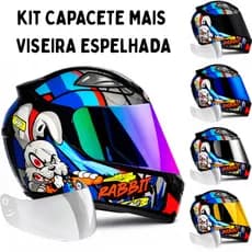 Capacete Ebf Rabbit Azul C/Narigueira + Viseira Espelhada Colorida