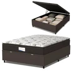 Cama Box Baú Colchão Casal Probel Molas Ensacadas Granville Pillow Top 138x188x69cm Marrom / Branco