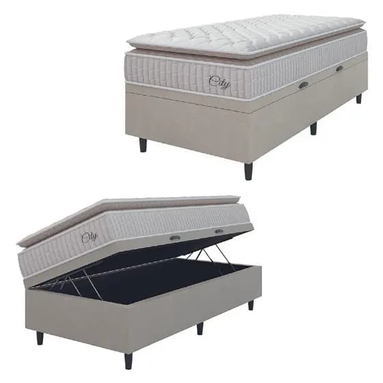 Cama Box Baú Colchão Solteiro Molas Ensacadas City Pillow Top 88x188x64cm Branco / Bege Hellen