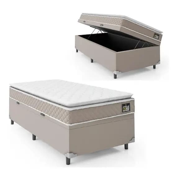 Cama Box Baú Solteiro Colchão D45 com Pillow Top Hellen Strong Bege 88x188x65cm Suporta até 150kg