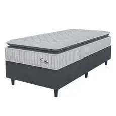 Cama Box Colchão Solteiro Molas Ensacadas City Pillow Top 88x188x61cm Branco / Cinza Hellen