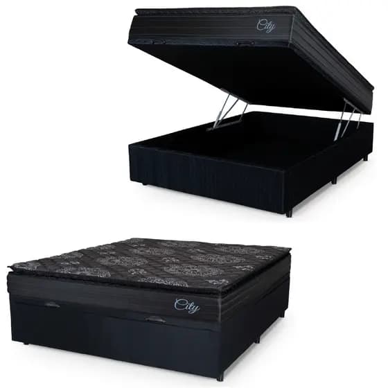 Cama Box Baú Casal Colchão Com Molas Ensacadas City Pillow Top 138x188x64cm Preto Hellen
