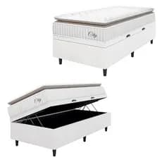 Cama Box Baú Colchão Solteiro Molas Ensacadas City Pillow Top 88x188x64cm Branco / Bege Hellen