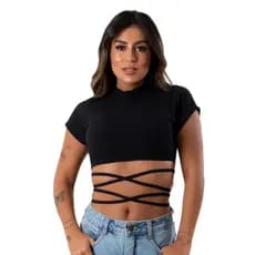 Top Cropped Trançado Tiras Gola Alta Canelado Feminino