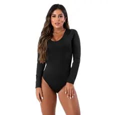 Body Feminino Manga Longa Suplex Preto Liso Casual Collant Costa Fechada