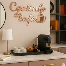 Letreiro Cantinho do Café em Acrílico Espelhado 32cm – Placa Decorativa com Xícara para Parede