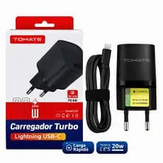 Carregador Turbo Rápido Lightning USB-C Compatível com iPhone iPad 20W Tomate TT-2007L + Cabo C-C 90cm