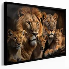 Quadro Decorativo 110x80cm Leão e Leoa 3 Filhotes Família Arte Realista Sala Quarto Hall Casa Decora