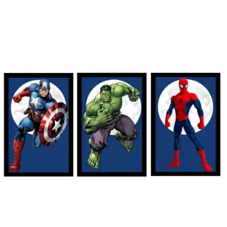 Kit Placas 3 Peças Quadros Decorativos Para Sala Quarto Avengens Marvel Vingadores Homem Aranha Hulk Capitão América