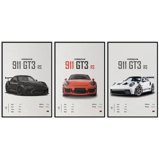 Quadro decorativo porche carrera gt3 rs esportiva 3 peças sala quarto cozinha e escritório decoração 3 peças sala quarto