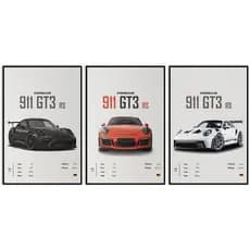 Quadro decorativo porche carrera gt3 rs esportiva 3 peças sala quarto cozinha e escritório decoração 3 peças sala quarto