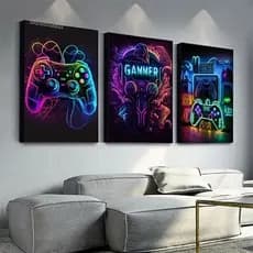 Quadros Decorativos Kit 3 Peças Grande Gamer Para Quarto 4K MDF 3MM