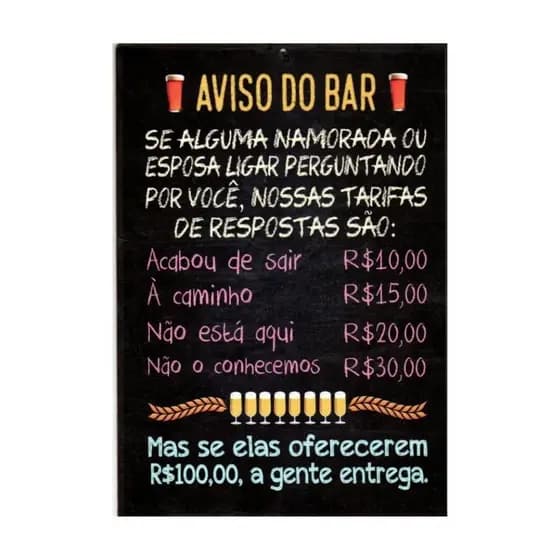 Placa Decorativa Humor Aviso Do Bar Choperia 20x30