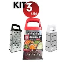 Kit 3/2/1 Ralador 4 Faces Inox 18cm Para Queijos Legumes Alho e Verduras Manual Multiuso