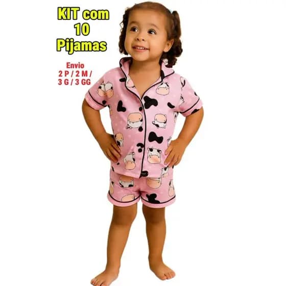 Kit com 10 Pijamas Americano Infantil Com Botão E Personagens Confortável