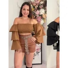T088 Peca Top deManga Longa com Decote Ombro aOmbro e Gola plissada paraMulheres