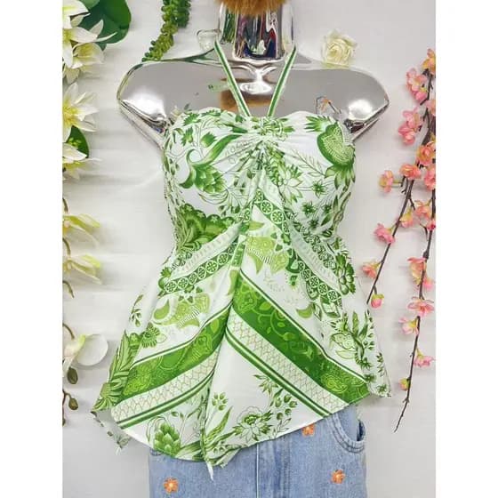 T085 Top floral estilo bandeau com decote halter