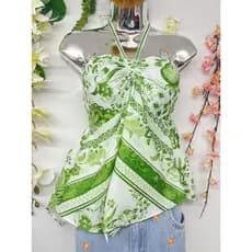 T085 Top floral estilo bandeau com decote halter