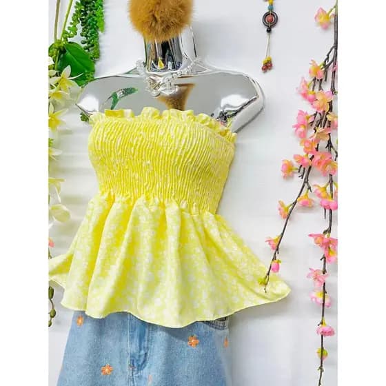T104Top floral com amarração no peito