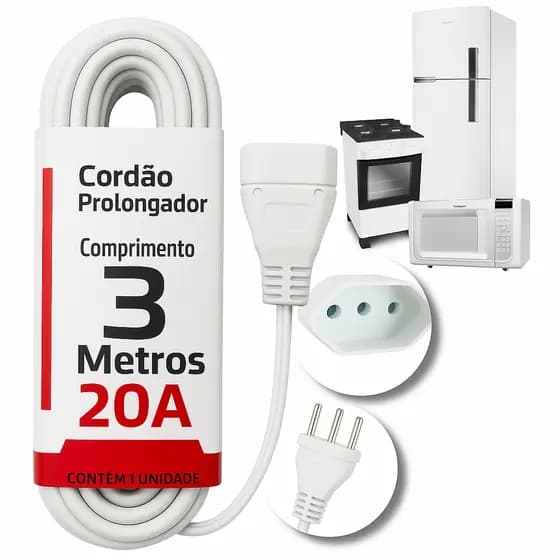 Cordão prolongador Extensão Elétrica Filtro de linha 1 tomada 3 metros Tripolar 2p + t Bivolt 20a