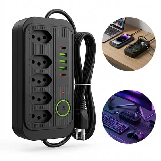 Régua Extensão Elétrica 5 Tomadas 3 Usb 2 Usb-c Filtro de Linha Bivolt