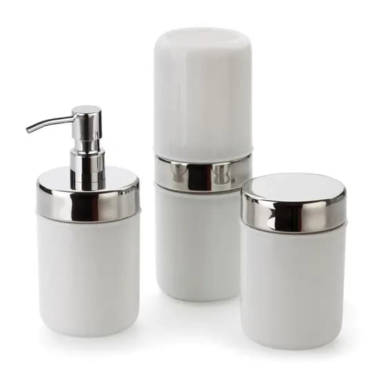 Kit Banheiro Acessórios Lavabo Branco 3 Peças Dispenser Sabonete Liquido Porta Escova Algodão Hastes