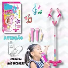 Microfone Infantil Premium Karaokê Pedestal Duplo Brinquedo Som Luzes Conecta Celular para Crianças