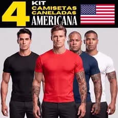 Kit 4 Camiseta Americana Masculina Canelada Slim Fit Básica Ribana Estilo Us Drip Elegante