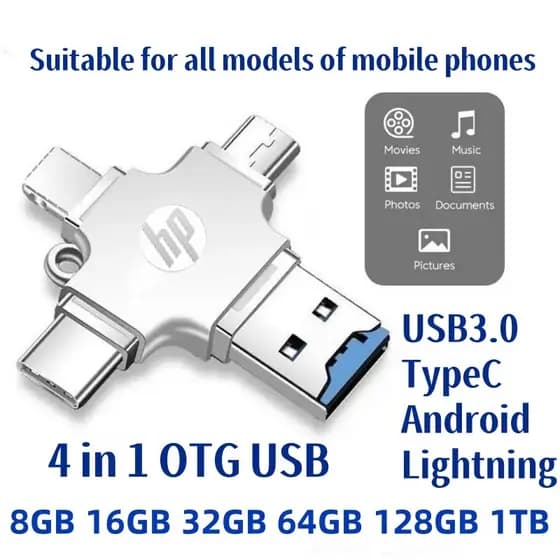 Pendrive HP 4 Em 1 OTG Unidade Flash USB De 1TB 8 16 32 64 128GB Universal Adequado Para iPhone Samsung Android Type C