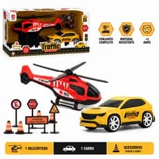 Kit de Brinquedo Dia das Crianças – Carro, Helicóptero e Placas de Trânsito Educativas