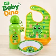 Kit Refeição Infantil Dino Completo Babador + Prato + Garrafinha Inox