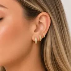 Brinco Trio Argola Cravejada Zircônias Banho Ouro 18K Banho Ródio Feminino