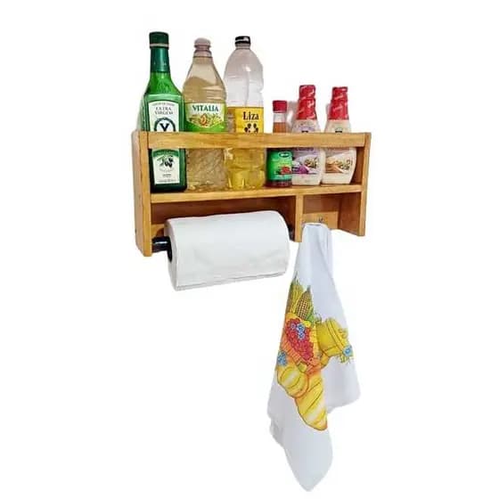 Porta Temperos Suspenso em Madeira Envernizada com Dispenser para Papel Toalha premium