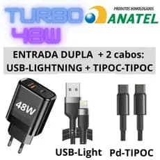 Carregador DUPLO 48 50 w Turbo PRETO  + 1 ou 2 CABOS Homologado Anatel p/iPhone X 12 13 14 15 16