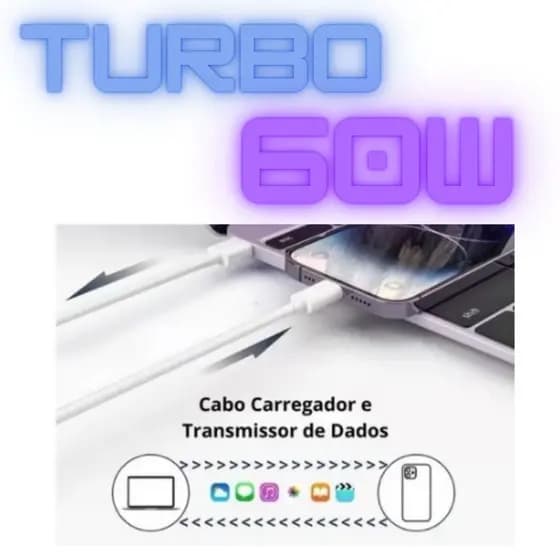 Cabo Turbo CARGA RÁPIDA 60 W de 1 metro USB TIPOC p/SAMSUNG MOTO G X Y Z IPHONE 15 16 17