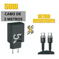 Carregador TURBO 50W Ultra Resistente+Cabo 1-2 metros Trançado PRETO Pd-TIPOC p/ Iphone 15 16 SANSUNG MOTOG