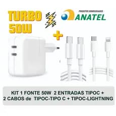 Carregador Duplo 50 w ANTI AQUECIMENTO Turbo + 1 ou 2 CABOS Homologado Anatel p/iPhone X 13 14 15 16