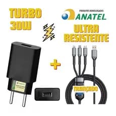 Carregador Turbo 30W + cabo Trançado UNIVERSAL 3IN1 LIGHTNING Tipo C V8 Compatível p/Todos Celulares