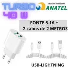 Carregador TURBO 5,1A DUPLO BRANCO + cabo GRANDE LONGO 1-2 METROS Anatel P\iPhone X XR 11 12 13 14