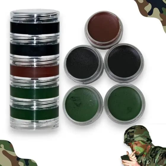 Kit Camuflagem Militar Tinta Facial Cremosa Preto Marrom Verde 5 Potes 4g Cada