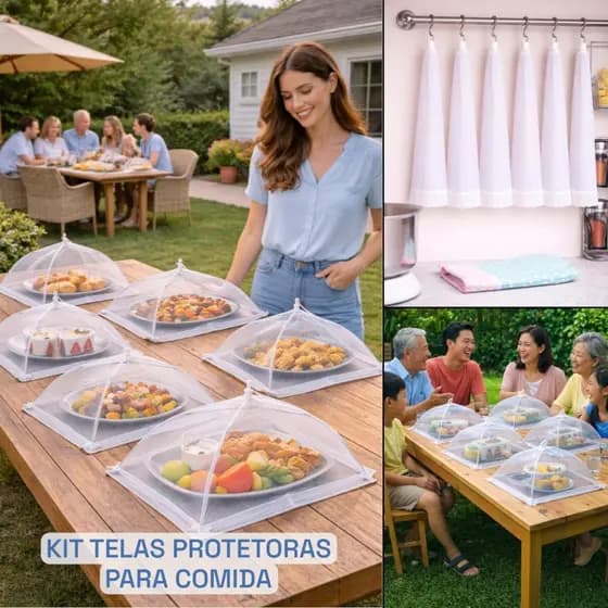 Kit Tampa Tela Protetora Cobre Comida Retrátil Respirável Tecido Tule Grande Espaçosa Com Trava